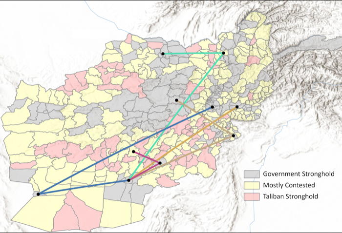 Map of migration flows across Afghan districts by territorial control